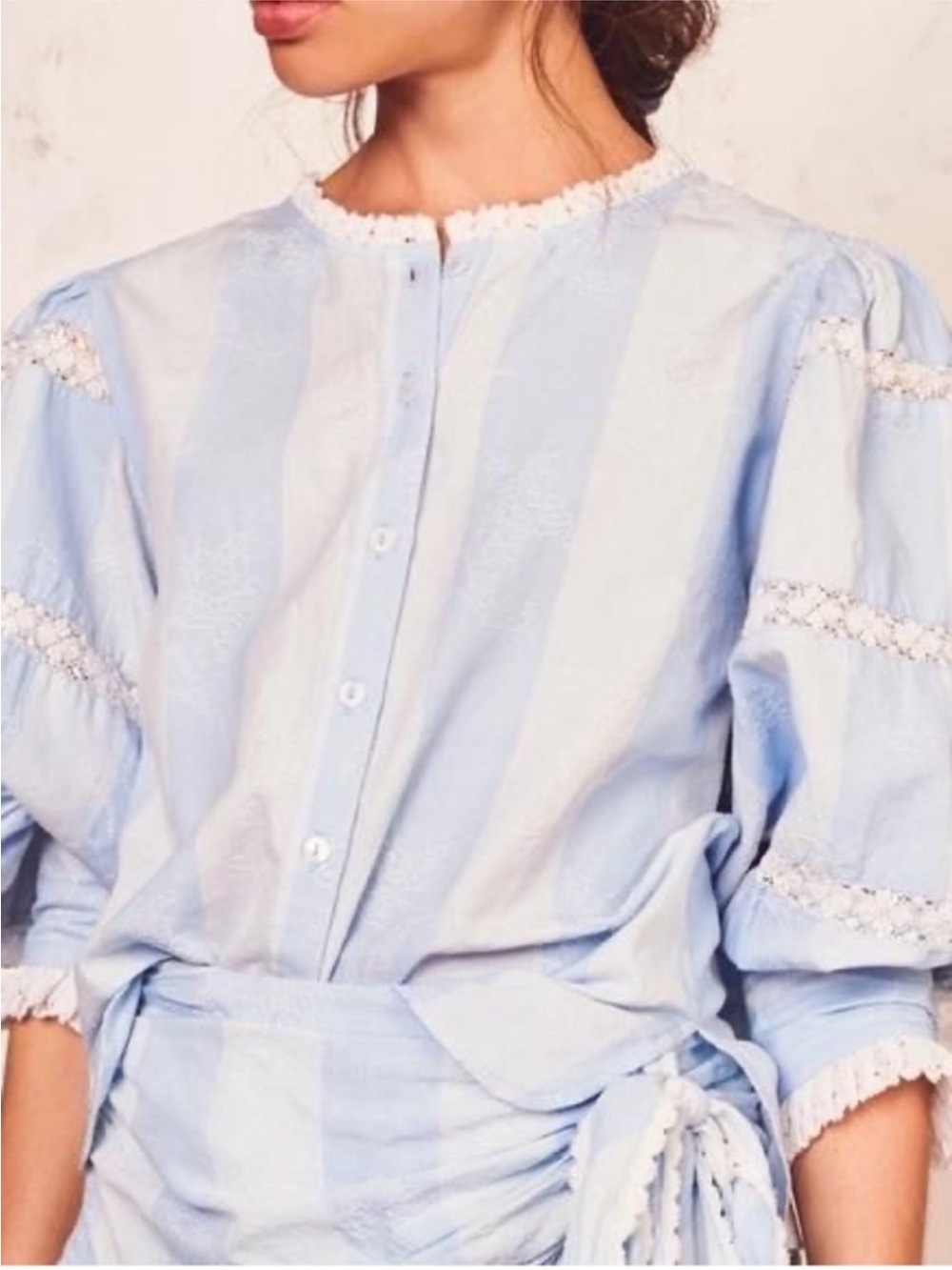 LoveShackFancy Light Blue and White Striped Puff-Sleeve Button-Down Top